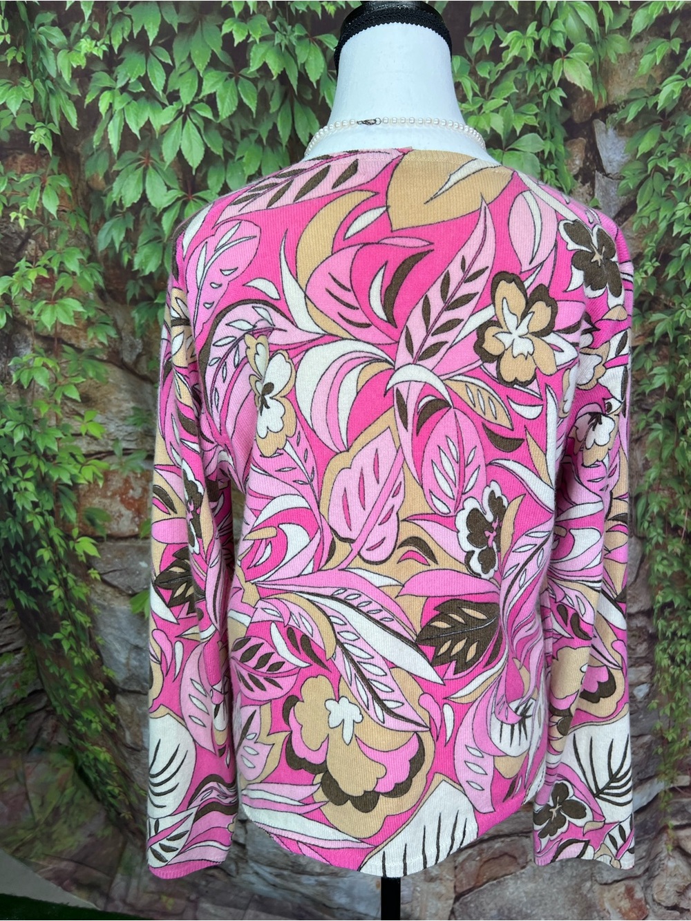 KINROSS Pink Floral Pattern 100% Cashmere Luxury Mod Crewneck Sweater, L - Picture 7 of 11